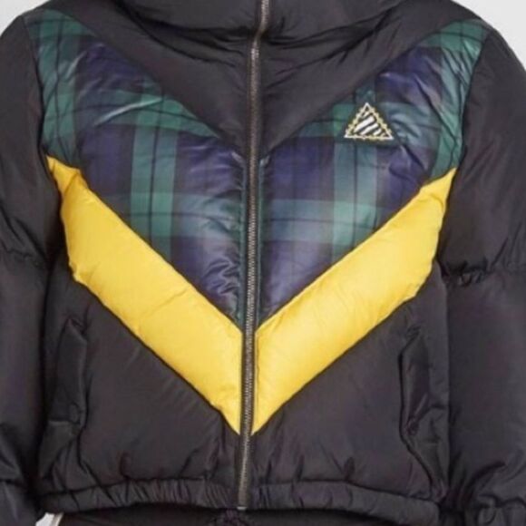 90s Fenty Rhianna Quilted Down Puffer Coat Black Plaid Colorblock Jacket Hood L - Picture 7 of 9
